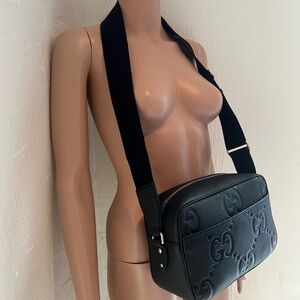 Authentic Black Gucci Jumbo GG Leather Medium Messenger Adjustable Crossbody